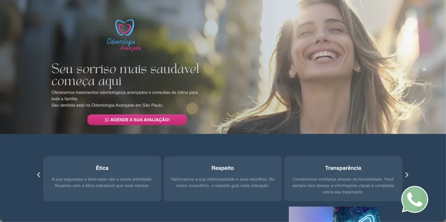 Site da Odontologia Avançada aberto no computador